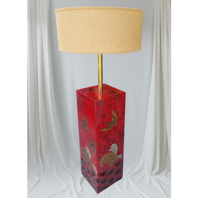 Wood Rare Vintage Chinoiserie Red Lacquered Pedestal Bird Floor Lamp With Huge Linen Shade For Sale - Image 7 of 12