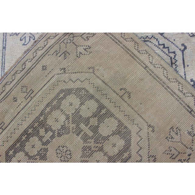 Vintage Turkish Oushak Runner in Medium Blue, Lt. Blue & Tan Background For Sale - Image 11 of 12