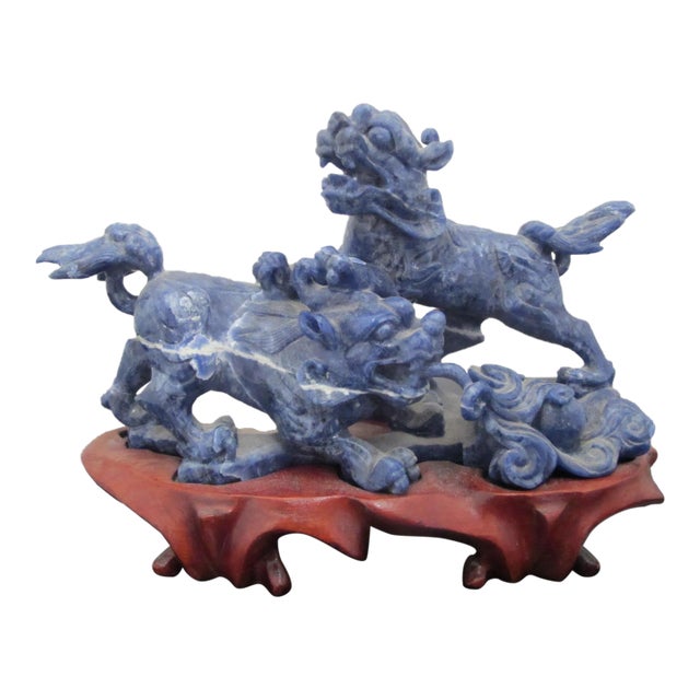 Chinese Carved Lapis Lazuli 2 Foo Dog Playing Figurine on Wood Stand For Sale