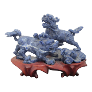 Chinese Carved Lapis Lazuli 2 Foo Dog Playing Figurine on Wood Stand