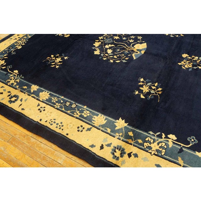 Antique 1900s Navy Chinese Peking Carpet 8'4" X 9'10" Floral Design Handmade Rug For Sale - Image 9 of 9