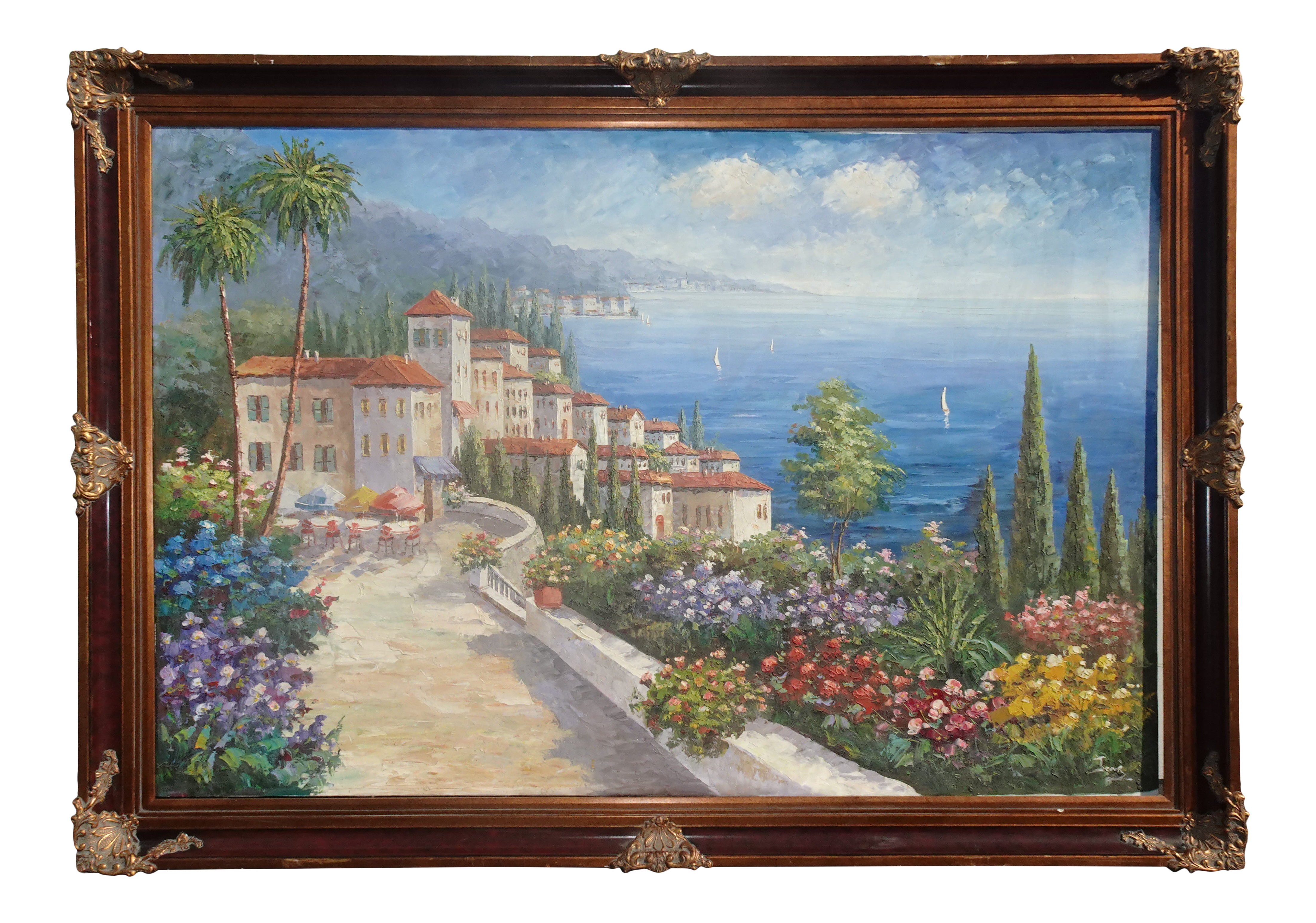 Vintage French Villa and Blue Skys Oil on Canvas Picture W Frame #2531 - image 0