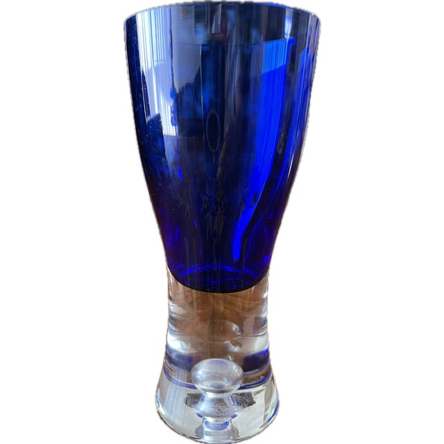 Cobalt glasses hand-blown artisan method has unique design and cracks resistant solid material on base.