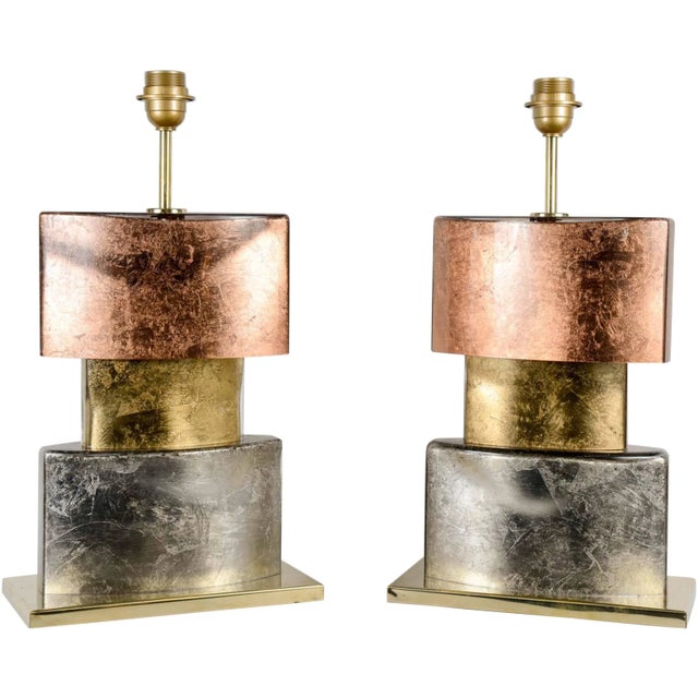 Metal Vintage Silver, Copper & Gold Leaf Table Lamp Bases, Set of 2 For Sale - Image 7 of 7
