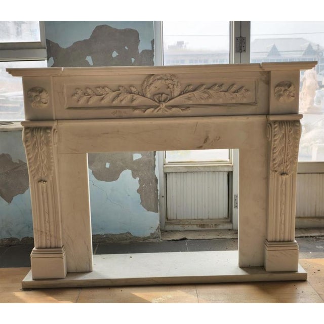 Neoclassical Hand-Carved White Marble Fireplace Mantle with Laurel and Rosette For Sale - Image 6 of 6