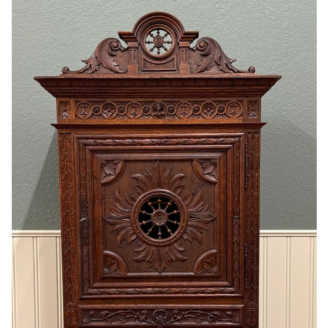 Antique French Breton Armoire Wardrobe Linen Cabinet Double Doors Drawer C. 1900 For Sale - Image 4 of 18