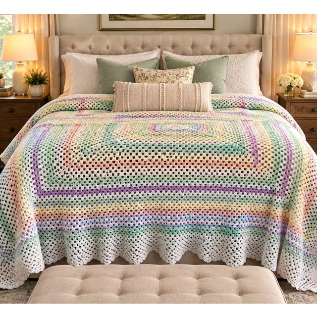 Vintage Granny Square Crochet Afghan Full Queen Acrylic 84”x82” For Sale - Image 9 of 9