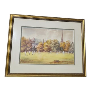 Vintage Cricket Sport England Original Watercolor Painting Framed Art For Sale