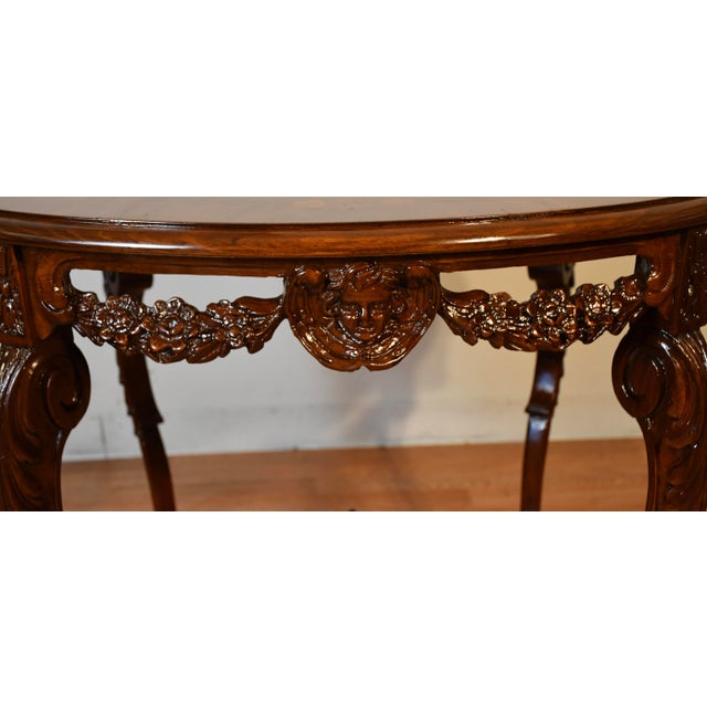 1920 Antique French Louis XV Walnut Inlaid Carved Cherubs Center / Side Table For Sale - Image 6 of 13