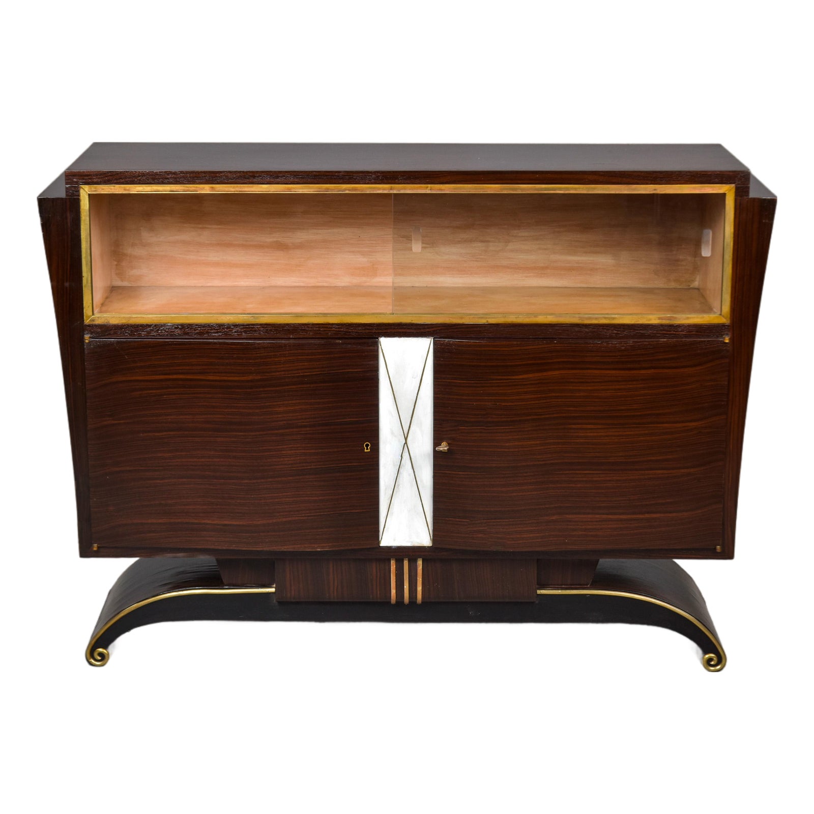 French Art Deco Rosewood and Brass Buffet With Sliding Glass Doors at ...