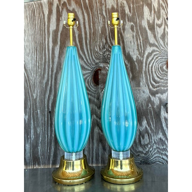 Mid 20th Century Italian Turquoise Glass Lamps After Murano For Sale - Image 9 of 9