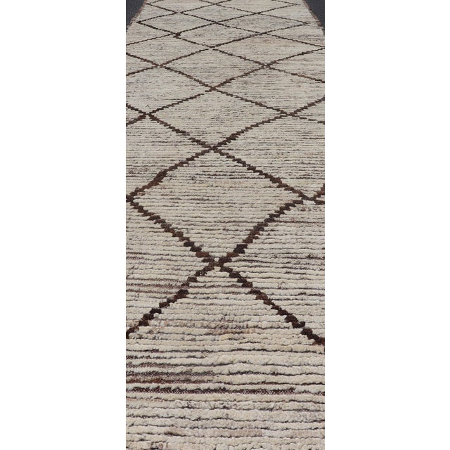 Early 21st Century Modern Long Runner in Distressed Moroccan Design in Off White and Brown Diamonds** For Sale - Image 5 of 7
