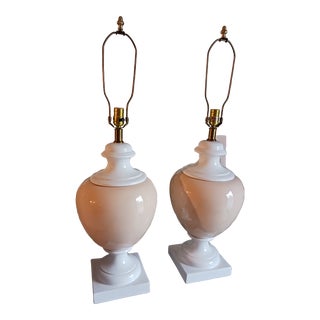 Pair of Vintage Frederick Cooper Lamps Classical Pedestal Beige Pink Ceramic Table Lamps For Sale