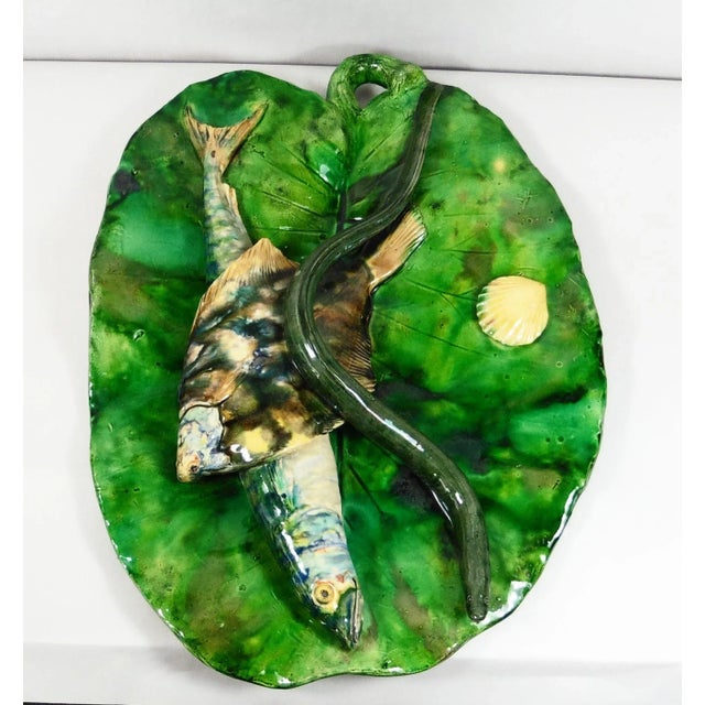 Green 1900 Majolica Palissy Fishs Wall Renoleau Platter For Sale - Image 8 of 9