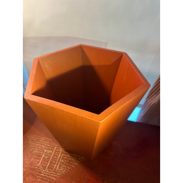 Wood A Traditional English Style Hexagonal Burnt Red Wastebasket For Sale - Image 7 of 8