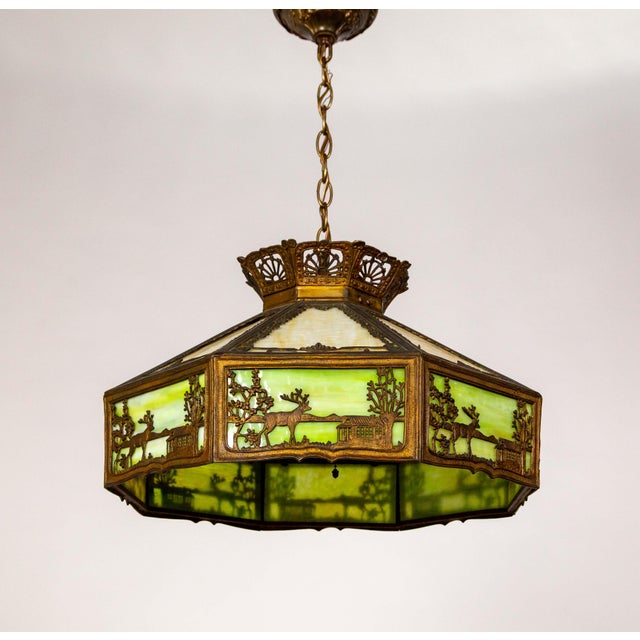 Early 20th Century Pale Green-Amber Slag Glass Pendant Light With Scenic Trim For Sale - Image 10 of 12