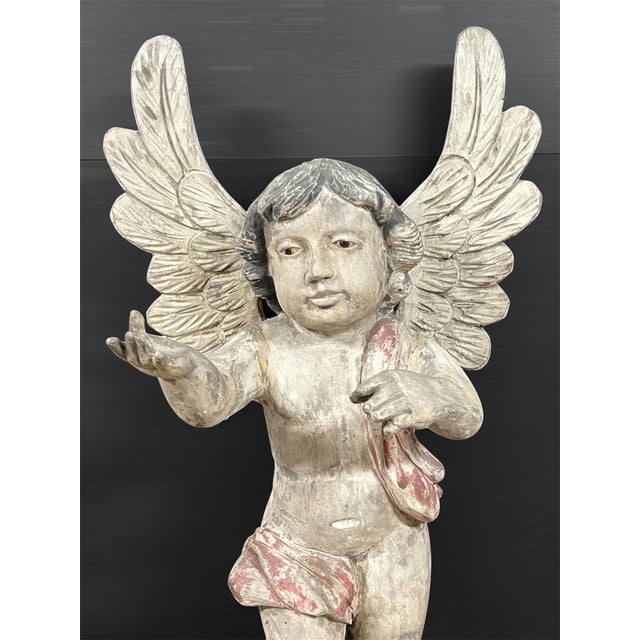 Vintage Hand Carved Wooden Standing Angel With Glass Eyes Sculpture For Sale - Image 4 of 10