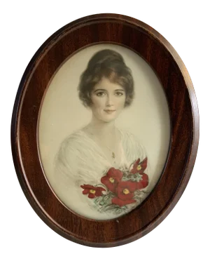 Late 19th Century Victorian Hand-Colored Portrait Print of a Woman with Flowers, Framed