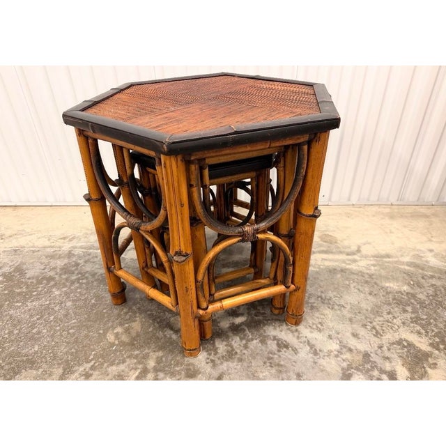 Wood 1970s Vintage Burnt Bamboo & Rattan Nesting Hexagon Shaped Tables - Set of 3 For Sale - Image 7 of 9