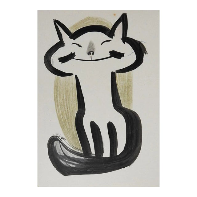 Vintage Mid 20th Century Pen and Ink Happy Cat Illustration Drawing For Sale