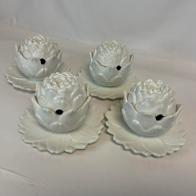 Vintage Home is pleased to present this Set of 4 Mid-Century Italian Majolica Lidded Artichoke Soup Bowls. These are...