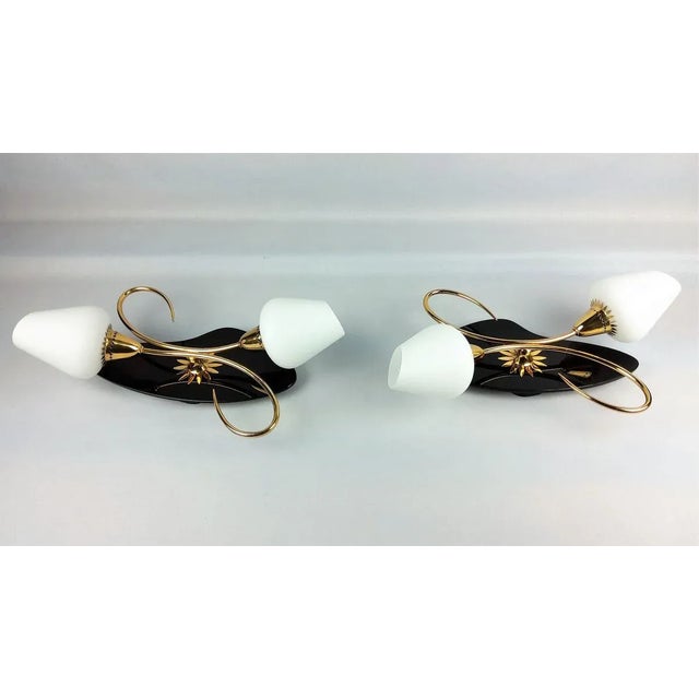 Black Opal & Brass Sconces by Arlus, 1960s, Set of 2 For Sale - Image 3 of 13