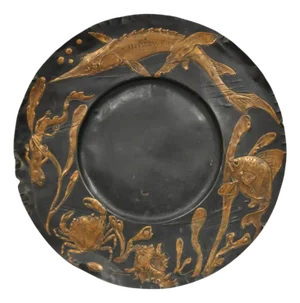 Antique Jugendstil Figural Copper Platter Charger of Fish by Steinicken & Lohr