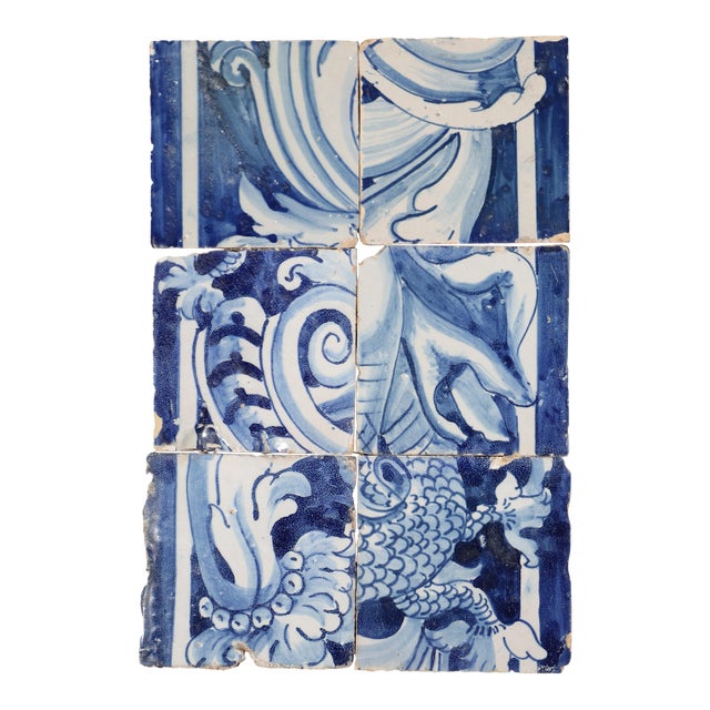 18th Century Antique Hand-Painted Portuguese Set of 6 Tiles With Elaborate Scrollwork Decoration For Sale