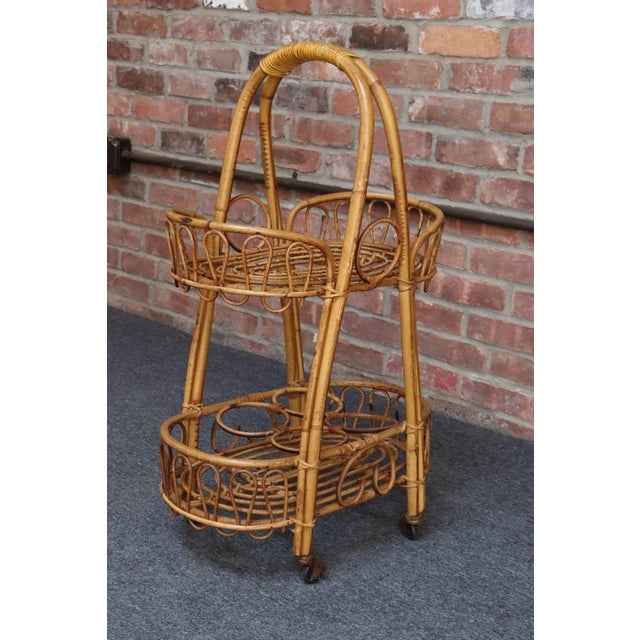 Franco Albini Vintage Italian Oval Bar Cart / Trolley on Caster Wheels in Bamboo and Rattan For Sale - Image 4 of 18