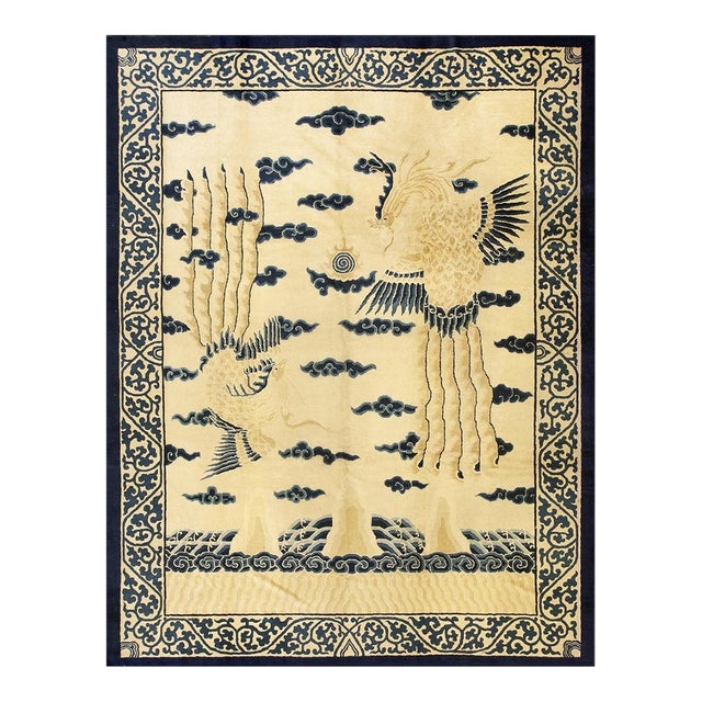 1890s Beige Field Bird Oriental Antique Chinese Allover Room Size Knotted Rug For Sale