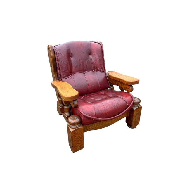 Brutalist Dutch Oak and Red Leather Lounge Chair, 1970s For Sale - Image 11 of 11