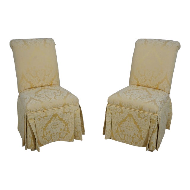 Pair Century Gold Damask Upholstered Slipper Chairs For Sale