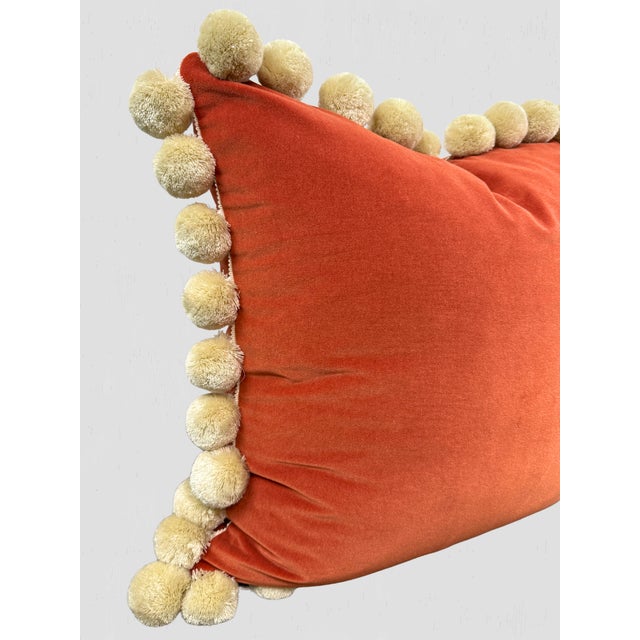 Orange Velvet Ivory Large Pom Pom Throw Pillow Pair For Sale - Image 4 of 6