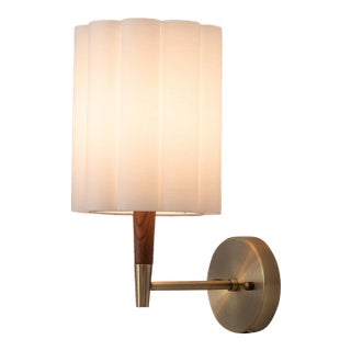 Scalloped Wall Sconce - Plug-In, Walnut, Weathered Brass, White Linen, Diffuser, Inline Dimmer For Sale