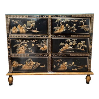 Vintage 6 Drawer Chest Jappaned With Black Lacquer and Asian Motif For Sale