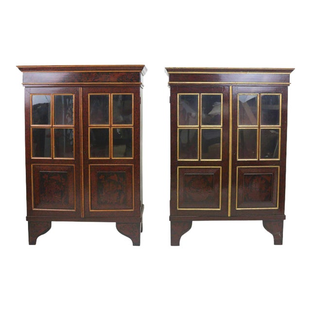 19th Century Exquisite Pair Dutch Colonial Oxblood Lacquered Floral Motif Cabinets-Proven. - a Pair For Sale