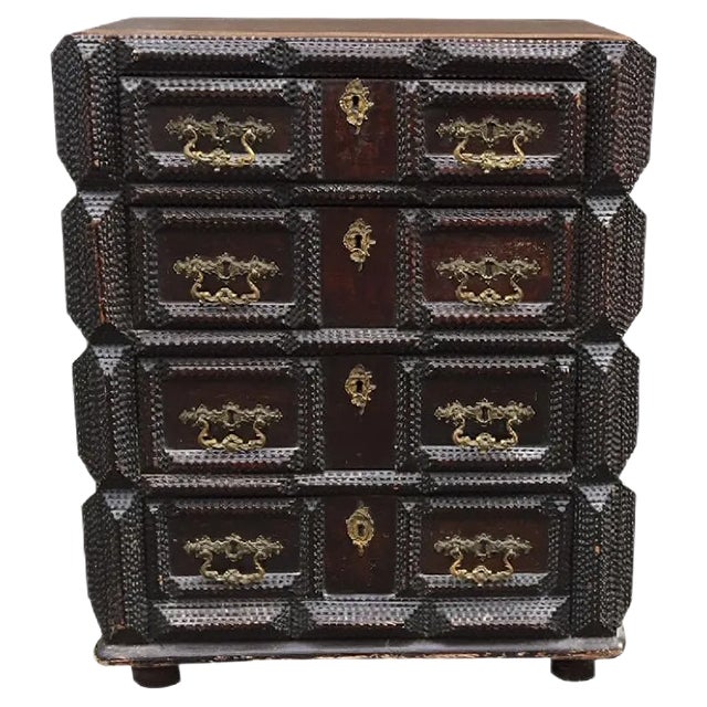 Antique Hand Carved Tramp Art Chest of Drawers, 1903 For Sale