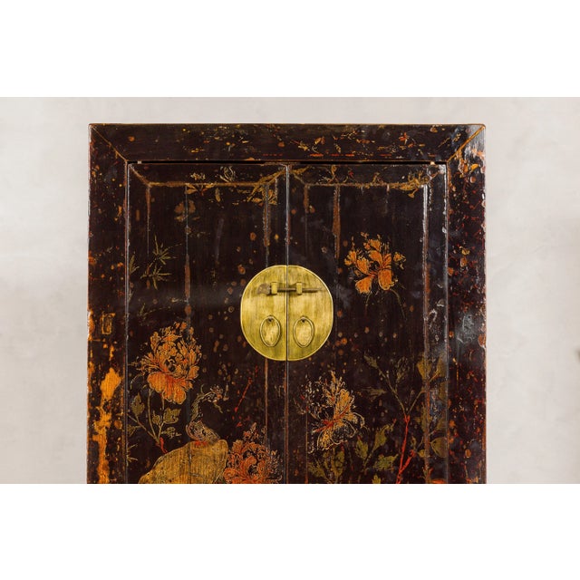 19th Century Qing Dynasty Hand-Painted Cabinet with Floral Décor, Doors and Drawers For Sale - Image 5 of 12