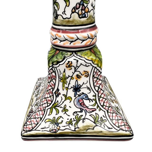 Pair of Hand-Painted Portuguese Faience Candlesticks by C. Melo With Birds, Dog, Castle & Deer – Folk Art / European Traditional For Sale In Houston - Image 6 of 18
