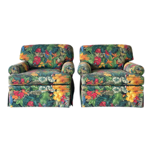 80s Tropical Floral Skirted Lounge Chairs With Parrot Motif Upholstery, a Pair, Palm Beach Regency, Vintage, Maximalism