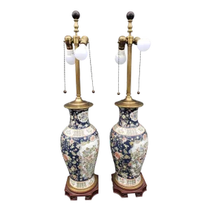 Pair Large Chinese Peacock Enamel Decorated Porcelain Vases Mounted as Lamps