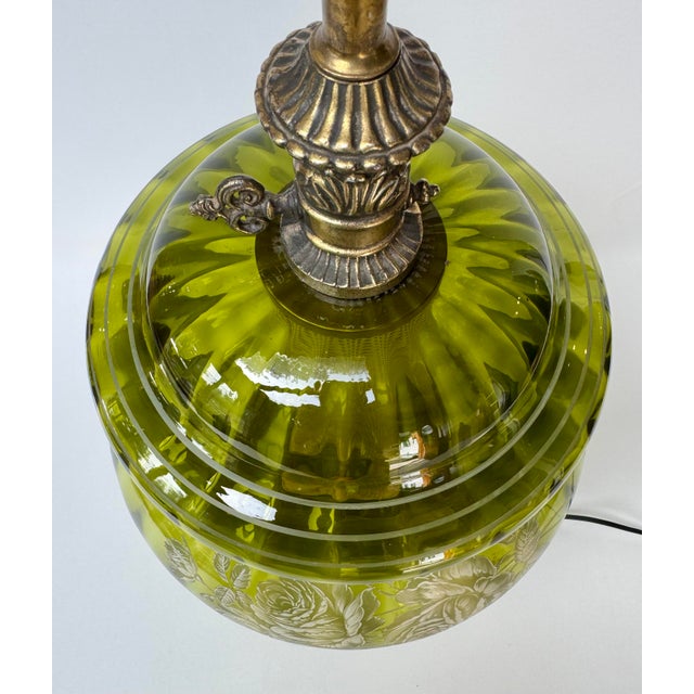 Olive Vintage 1973 e.k. Olive Green Floral Glass Lighted Table Lamp For Sale - Image 8 of 16