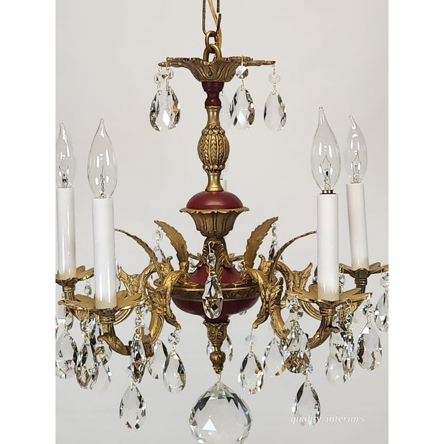 Antique 5 Arm Petite Oxblood Empire Brass Cut Lead Glass Crystal Chandelier For Sale - Image 18 of 18