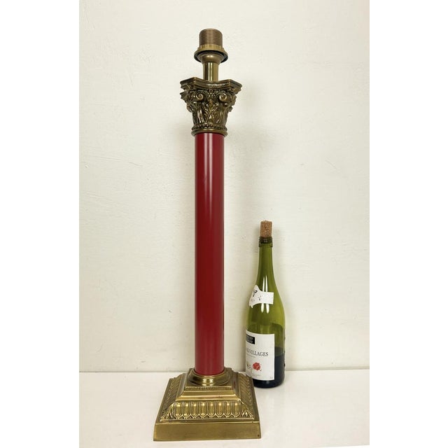 Large Brass and Red Lacqued Corinthian Column Table Lamp, 1970s For Sale - Image 3 of 14