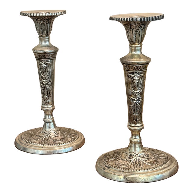 Pair of Vintage Neoclassical Silverplate Candlesticks With Ram’s Head Motifs For Sale