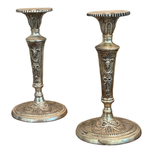 Pair of Vintage Neoclassical Silverplate Candlesticks With Ram’s Head Motifs