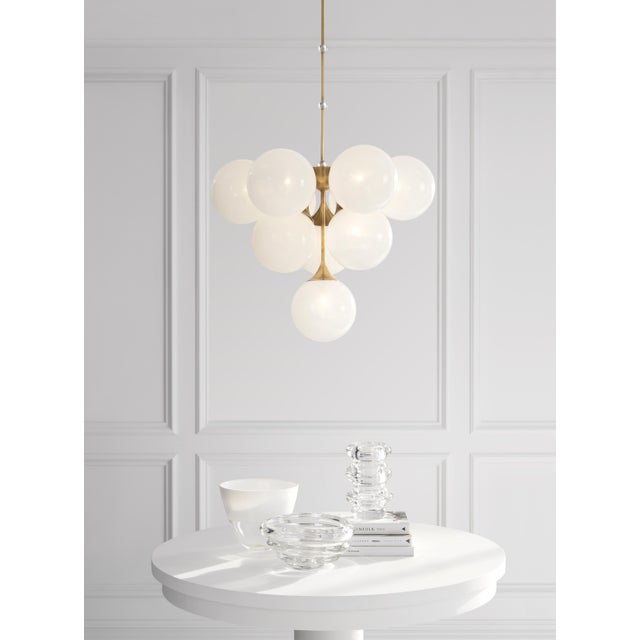 Modern AERIN for Visual Comfort Signature Cristol Tiered Chandelier in Hand-Rubbed Antique Brass with White Strie Glass For Sale - Image 3 of 11