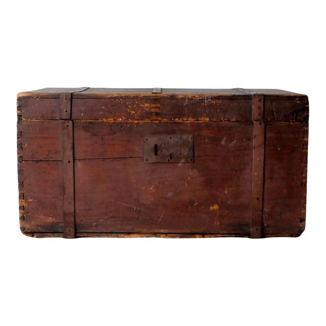 Antique Flat Top Wooden Trunk For Sale