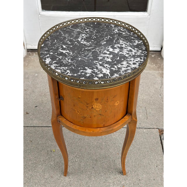 French Antique French Marble Top Satinwood Inlaid Side Table For Sale - Image 3 of 7