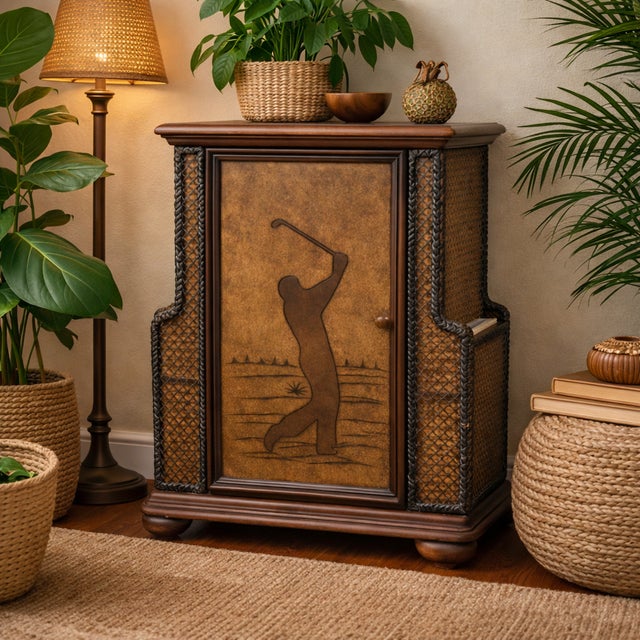 Beautiful vintage accent cabinet / side table featuring a woven rattan-style exterior and a decorative front door panel....